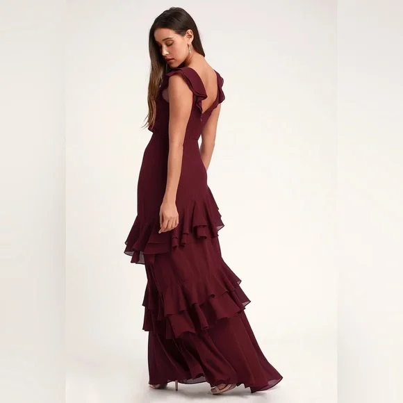 Lulu’s Majesty Burgundy Ruffled Salsa V-Neck Flutter StrapsMaxi Dress Size 1x - Picture 4 of 12